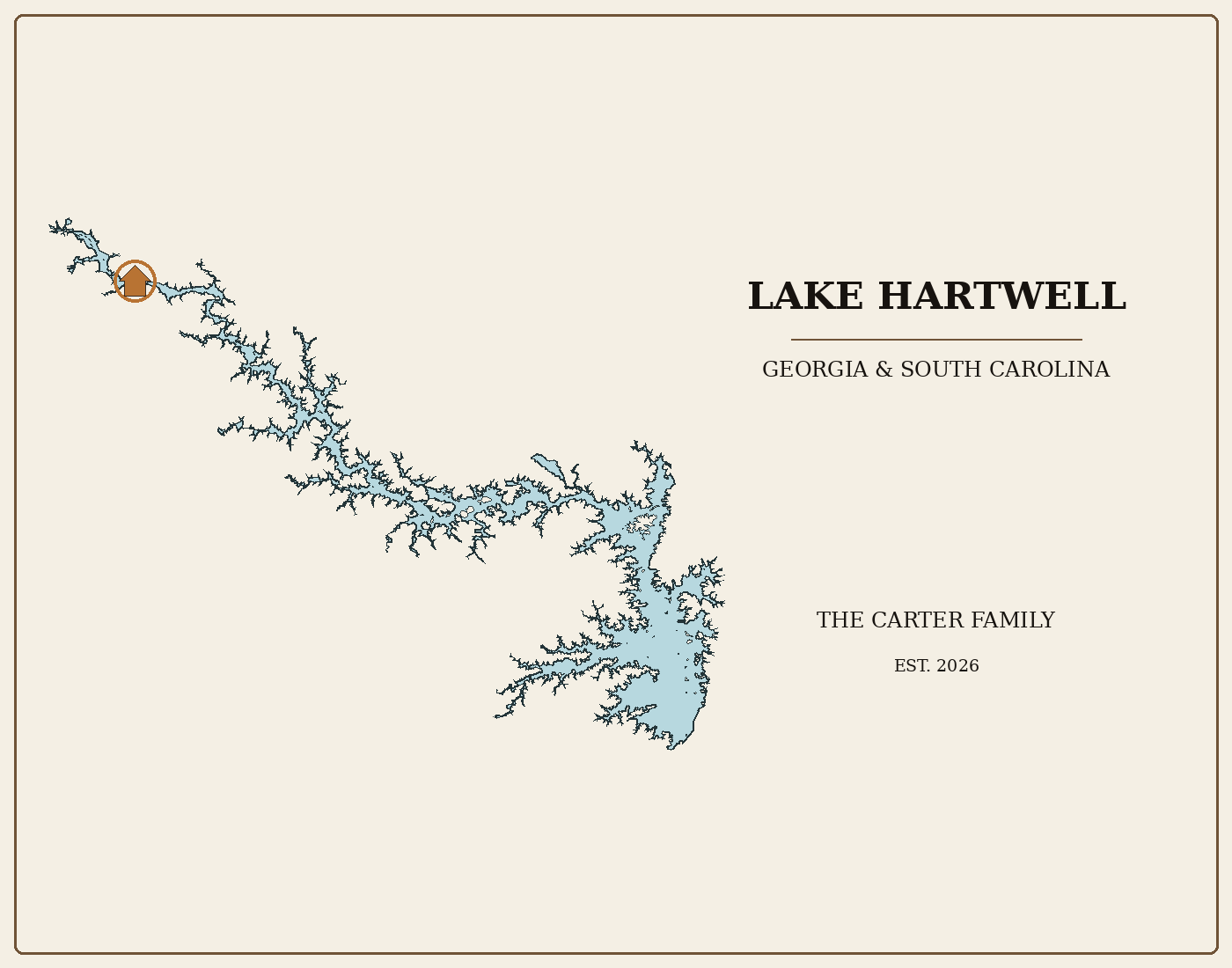 Engraving proof of Lake Hartwell: a long, sprawling reservoir shoreline in lake blue on an ivory field, with a copper house marker at the far northwest arm and the title ‘Lake Hartwell, Georgia & South Carolina — The Carter Family, Est. 2026’ in serif type.