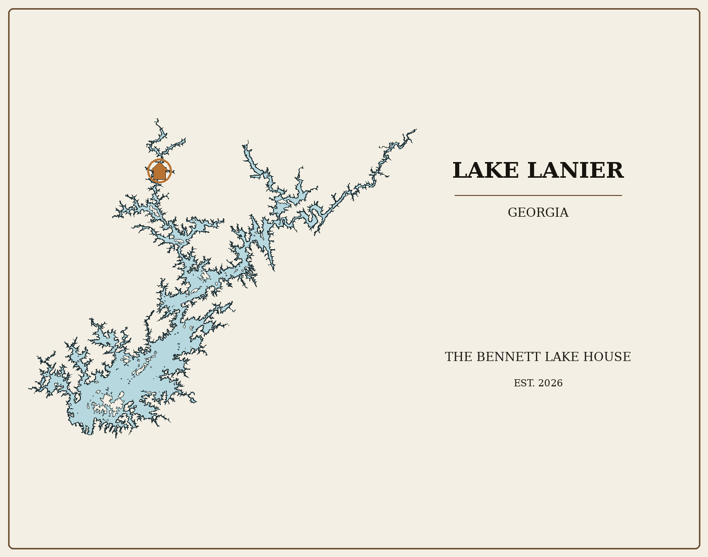Engraving proof of Lake Lanier: a branching reservoir shoreline in lake blue on an ivory field, with a copper house marker at the north shore and the title ‘Lake Lanier, Georgia — The Bennett Lake House, Est. 2026’ set in serif type.