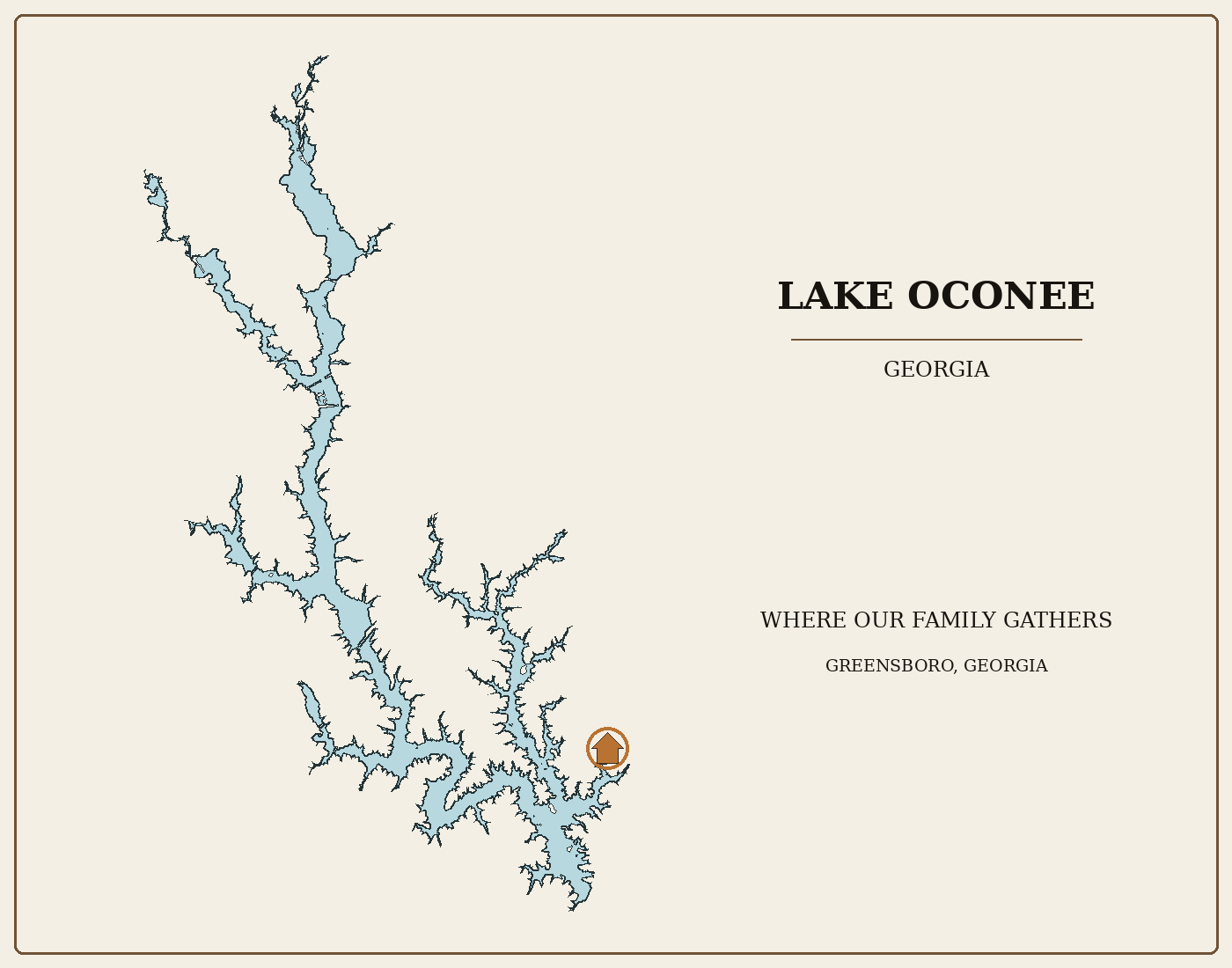 Engraving proof of Lake Oconee: a tall, narrow reservoir shoreline in lake blue on an ivory field, with a copper house marker at the south end and the title ‘Lake Oconee, Georgia — Where Our Family Gathers, Greensboro, Georgia’ in serif type.